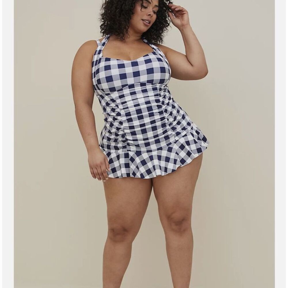 Torrid retro halter swim dress navy check gingham 1X 14/16